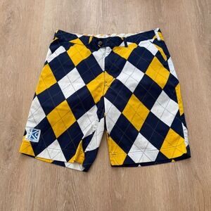 Loudmouth Golf Argyle Shorts Mens 38 Yellow Navy Blue White Stretch Cotton KC